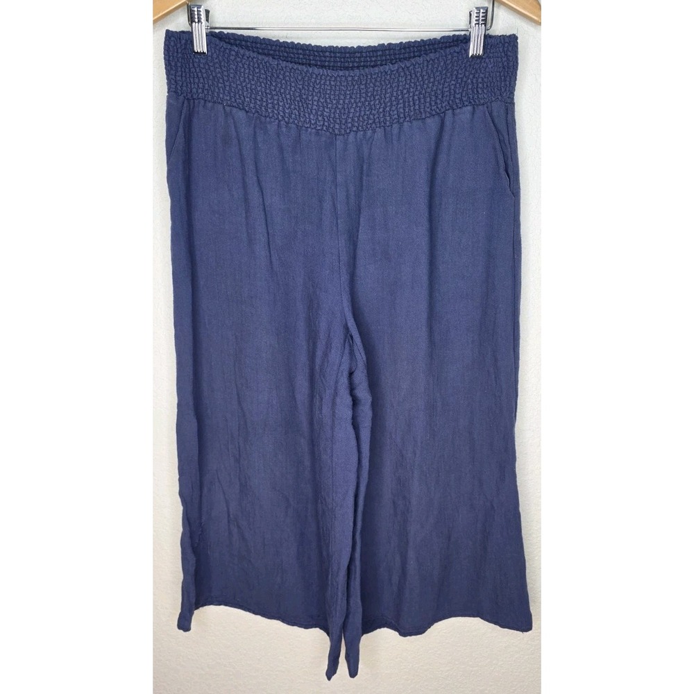 Octavia Smocked Waist Wide Leg Crop Pants Capri Navy Woman M Lounge Boho Pull On